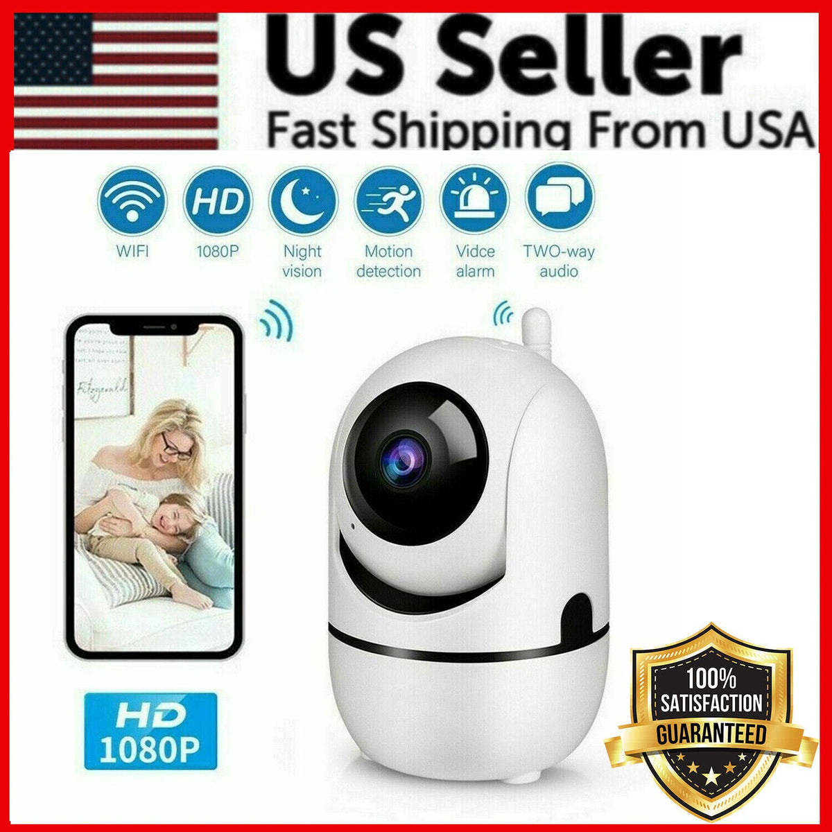 Cámara de Seguridad WiFi 1080P para Interior, Visión Nocturna