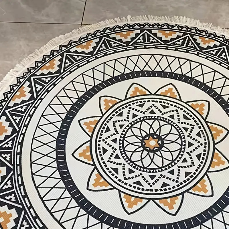 Alfombra Redonda de Algodón con Flecos, Diseño Étnico Retro