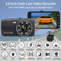 Cámara para Auto DVR Full HD 1080P, Doble Lente 4 Pulgadas