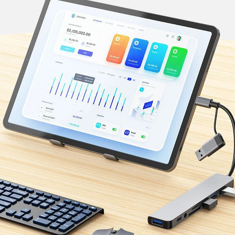 Hub USB y USB-C 8 en 2 con Lector de Tarjetas y Audio
