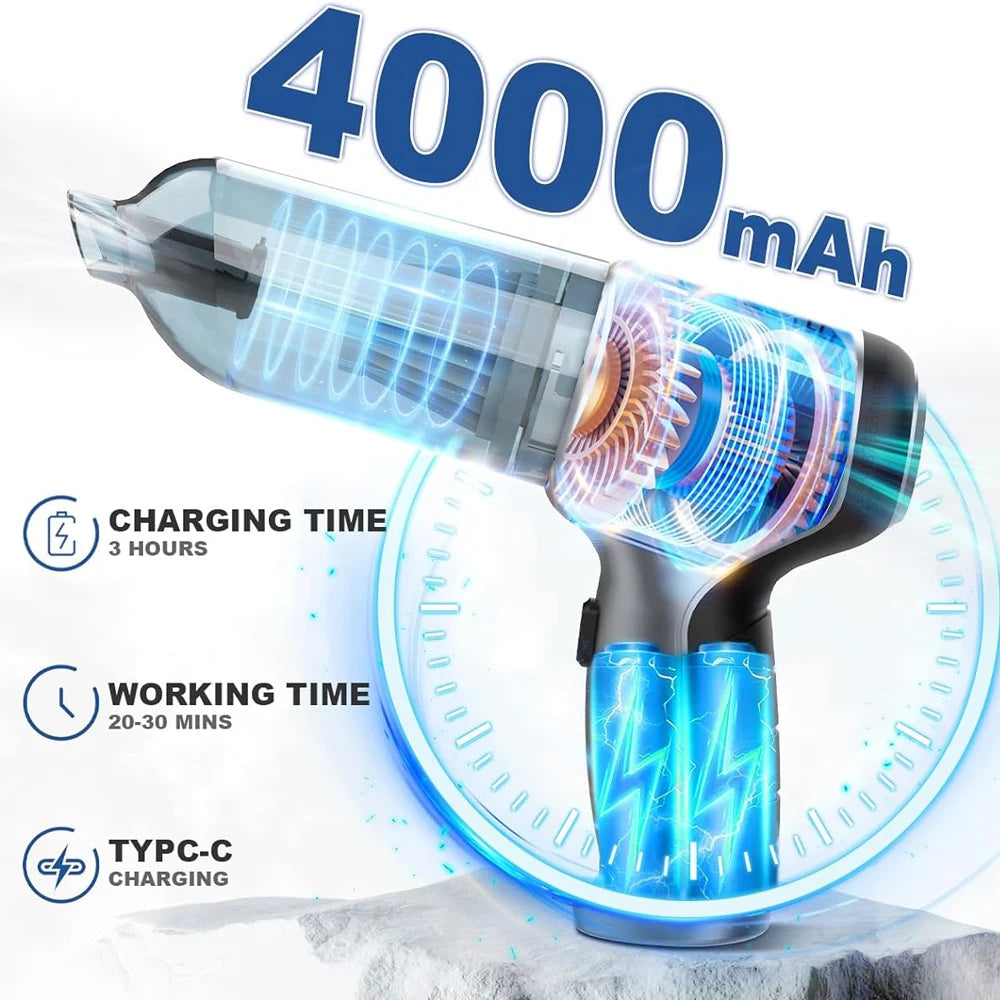 Aspiradora Portátil para Coche 95000PA - Motor sin Escobillas, Recargable