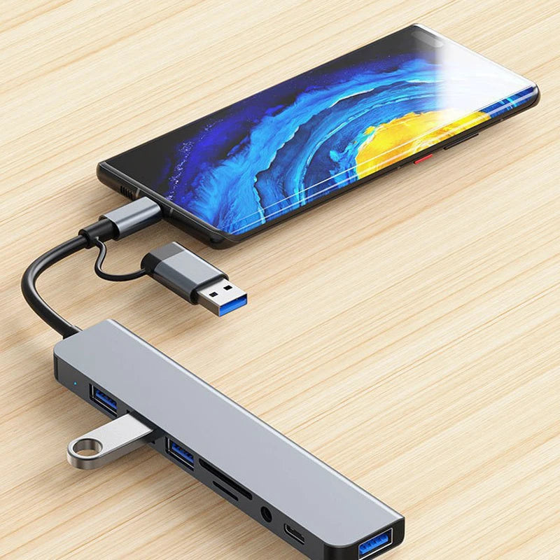 Hub USB y USB-C 8 en 2 con Lector de Tarjetas y Audio