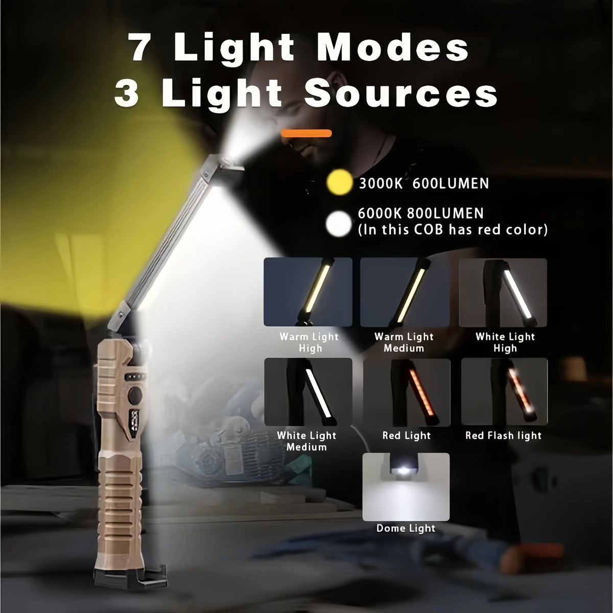 Linterna de Trabajo LED Recargable 800 Lúmenes - Base Magnética y Plegable