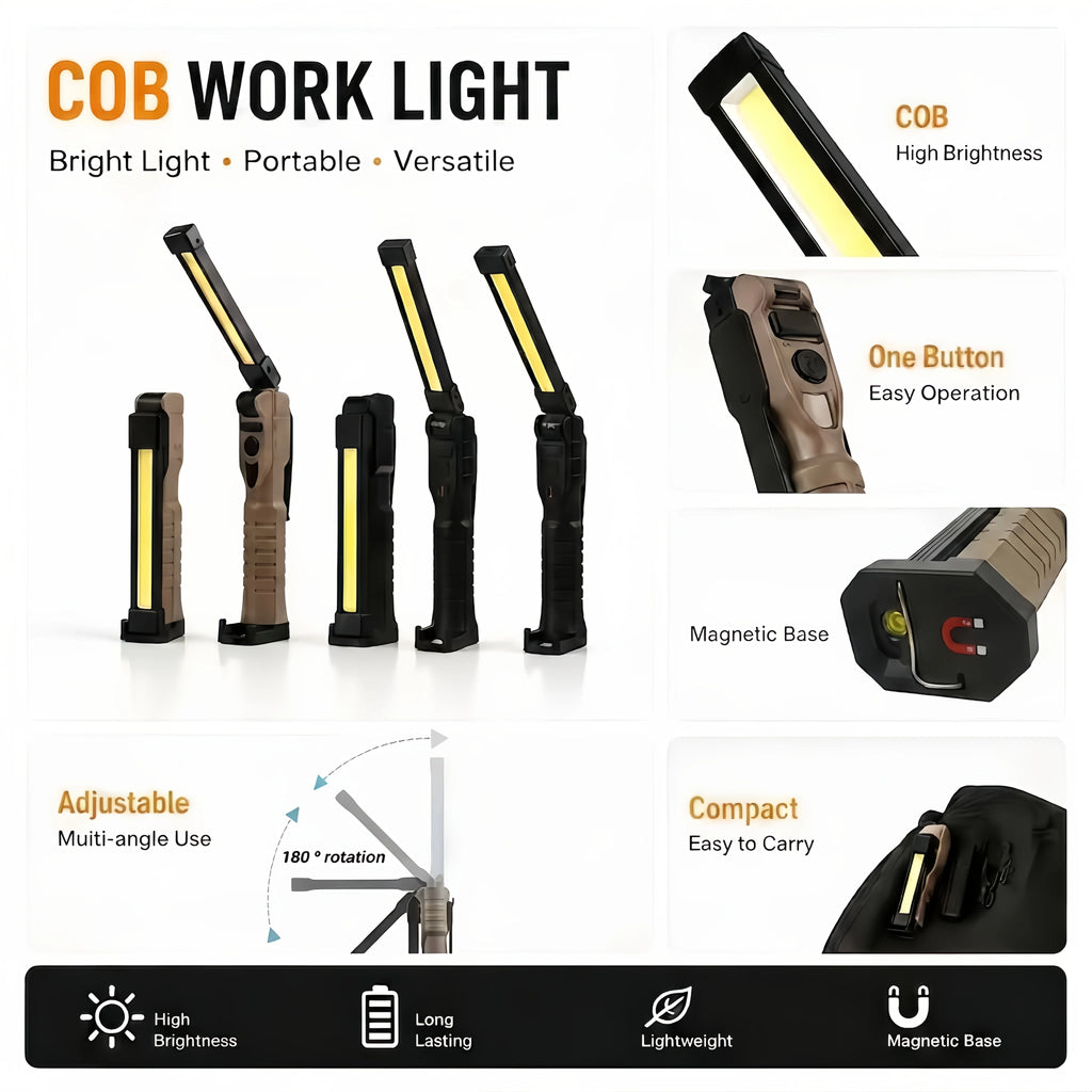 Linterna de Trabajo LED Recargable 800 Lúmenes - Base Magnética y Plegable