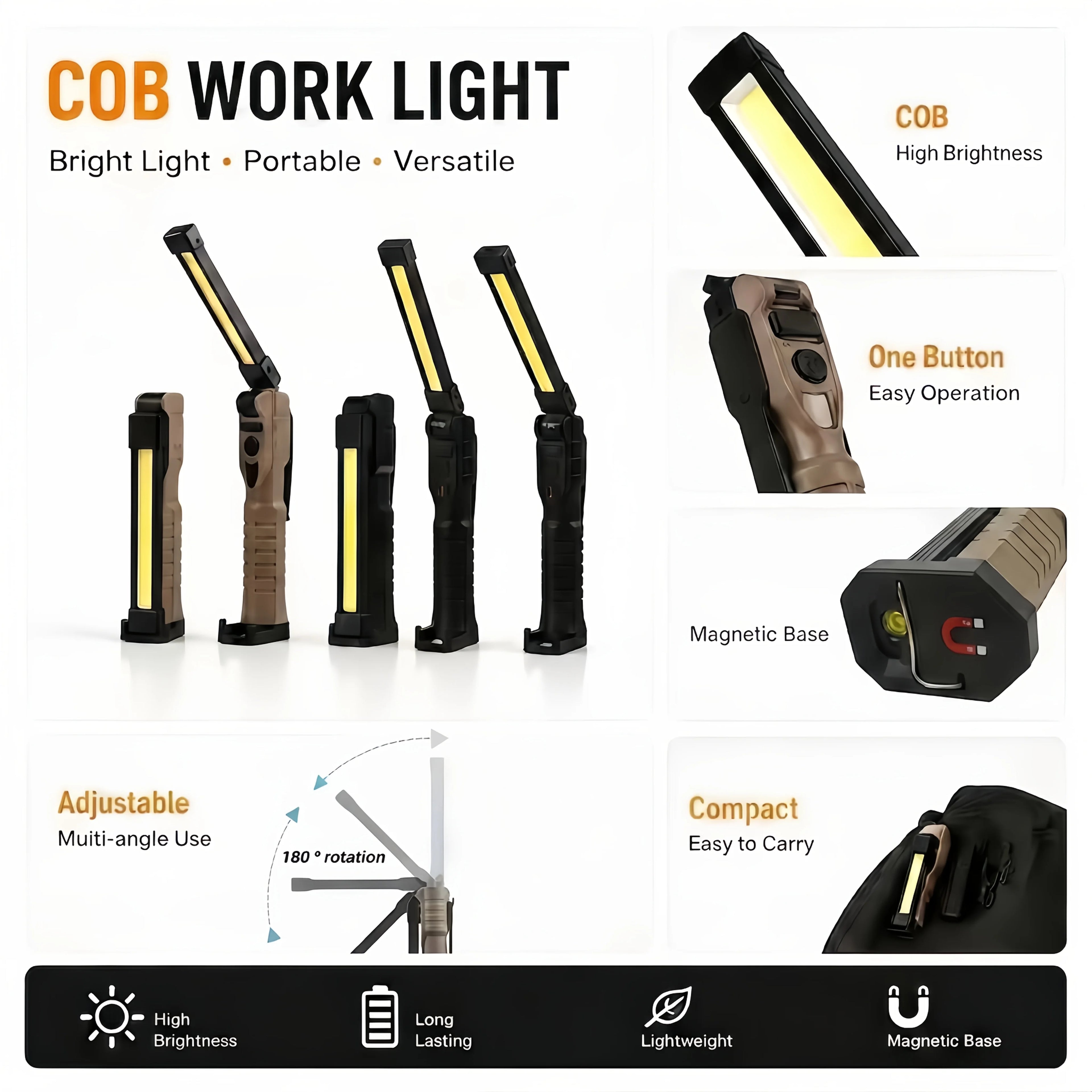 Linterna de Trabajo LED Recargable 800 Lúmenes - Base Magnética y Plegable