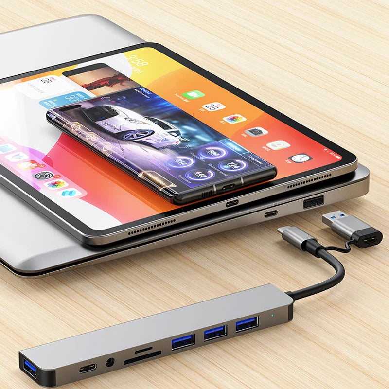 Hub USB y USB-C 8 en 2 con Lector de Tarjetas y Audio