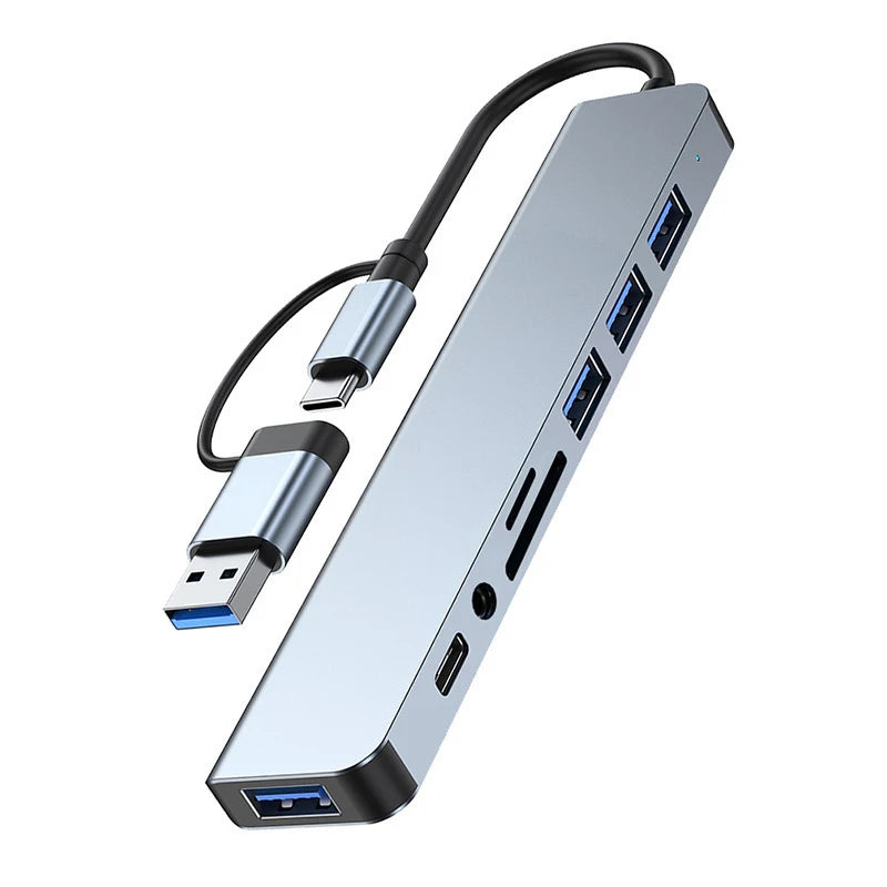 Hub USB y USB-C 8 en 2 con Lector de Tarjetas y Audio