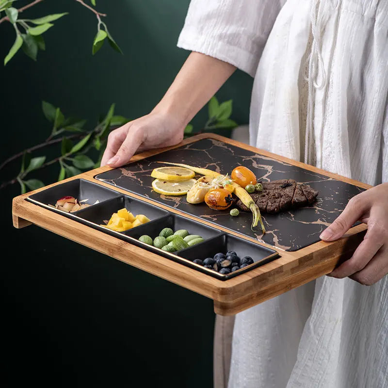 Plato de Cerámica Cuadrado Estilo Nórdico, Diseño Dorado