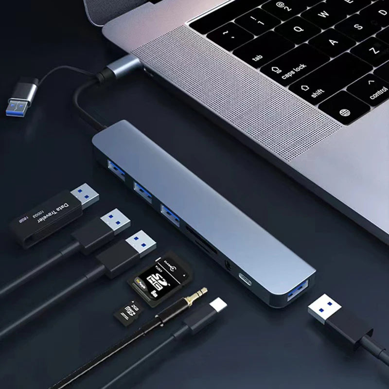 Hub USB y USB-C 8 en 2 con Lector de Tarjetas y Audio