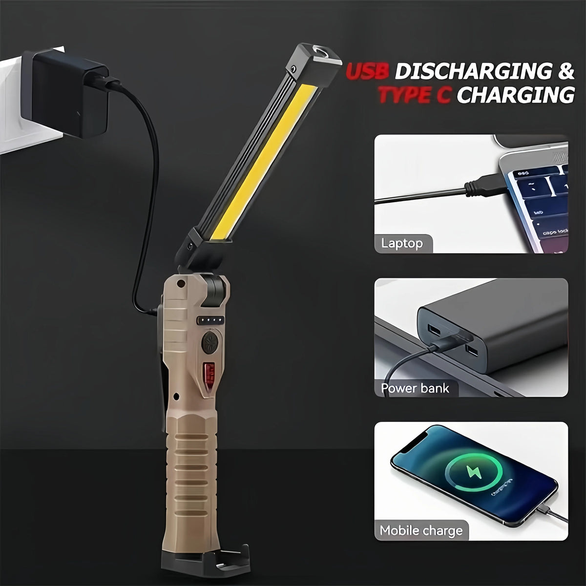 Linterna de Trabajo LED Recargable 800 Lúmenes - Base Magnética y Plegable