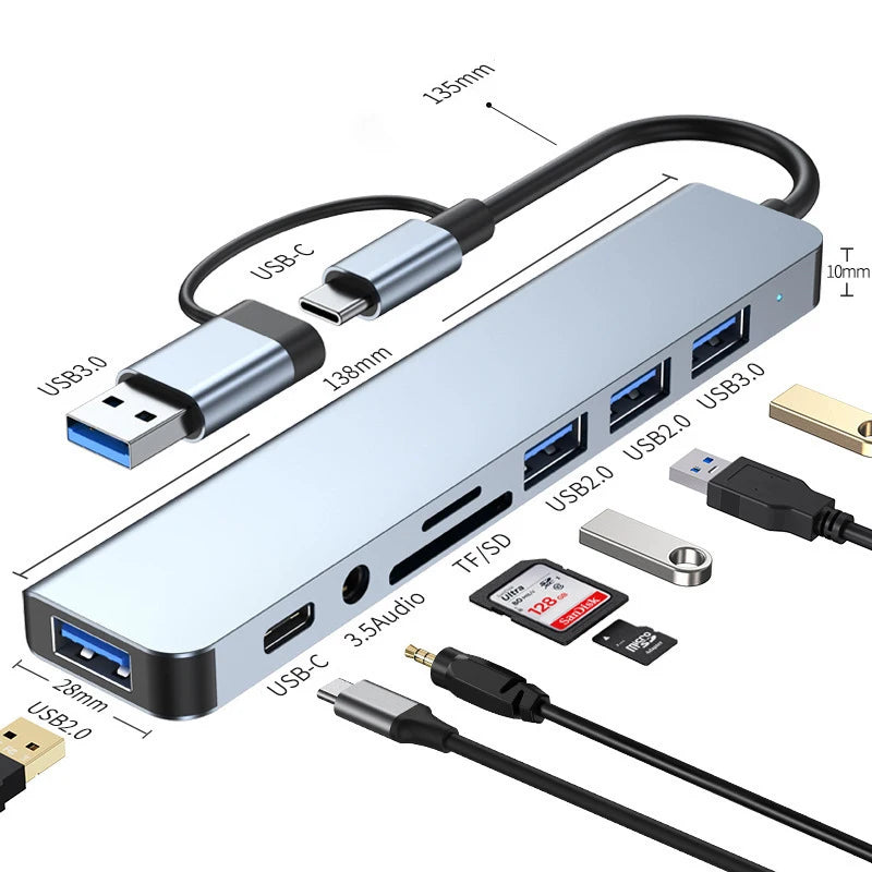 Hub USB y USB-C 8 en 2 con Lector de Tarjetas y Audio